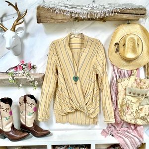Trendy Straw colour Striped cross over boho blouse w prairie country vibe